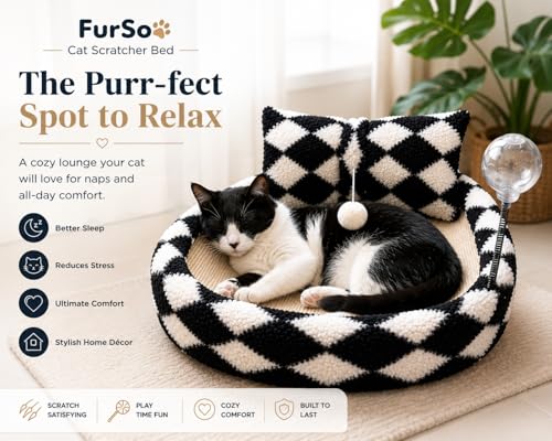 Cat lounging on FurSo sisal scratch bed with plush border
