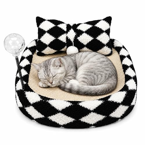 FurSo cat scratcher bed with black and white diamond pattern, sisal scratch pad, spring treat ball and plush pillow