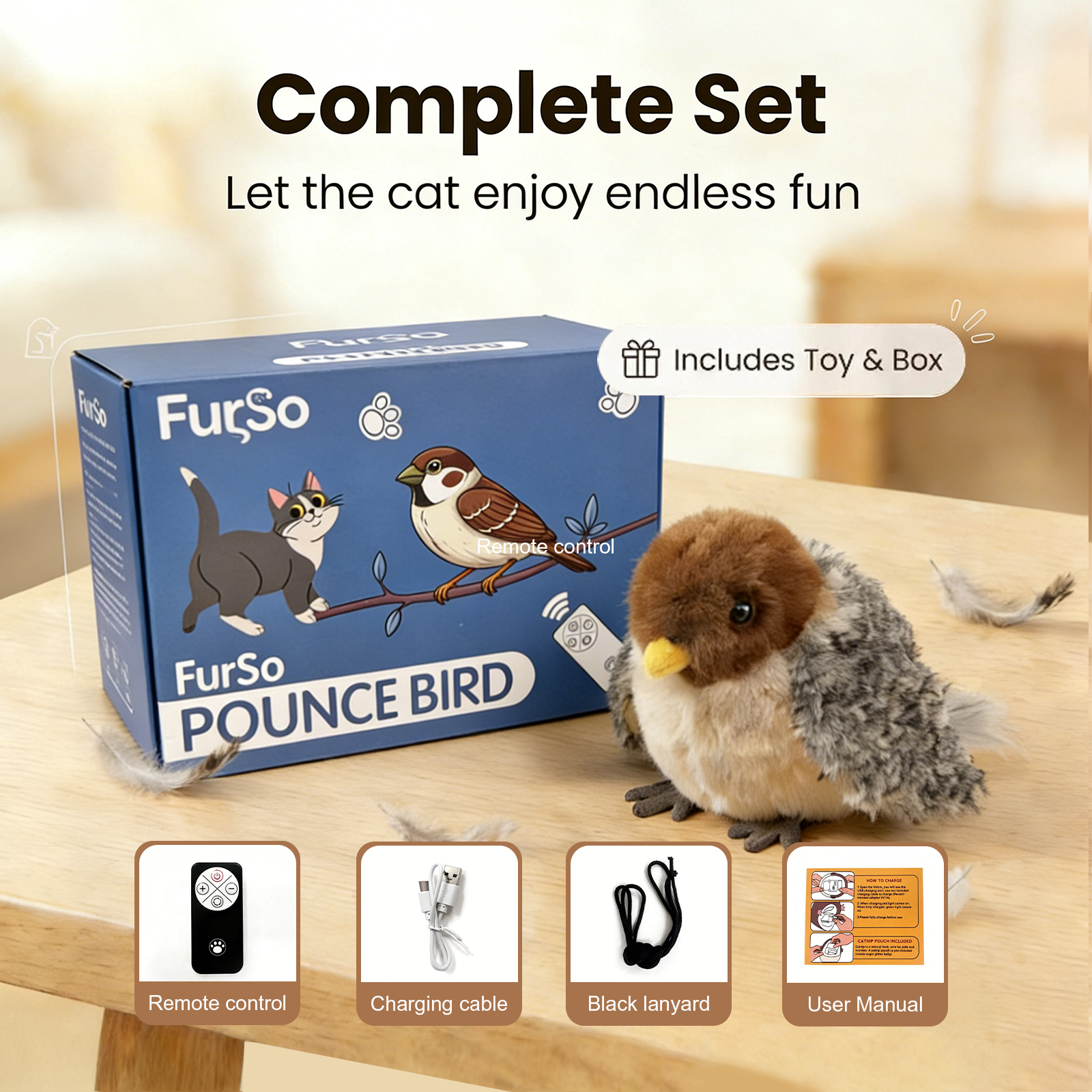 Cat exercising and hunting with FurSo Pounce Bird electronic bird toy