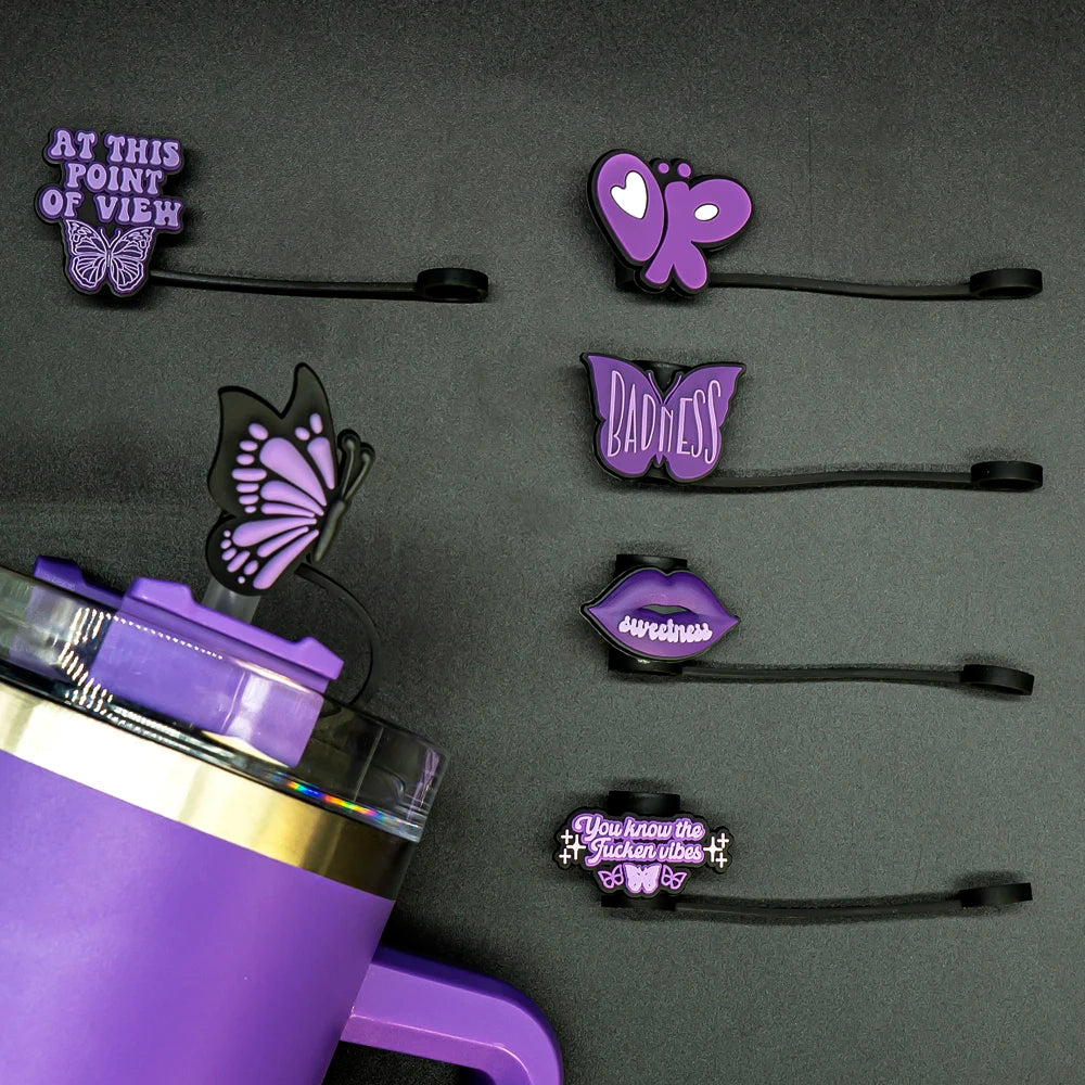 Purple Butterfly Silicone Straw Covers Cap- 6 Pieces
