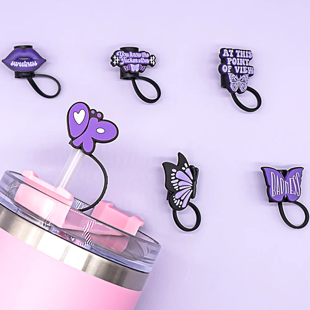 Purple Butterfly Silicone Straw Covers Cap- 6 Pieces