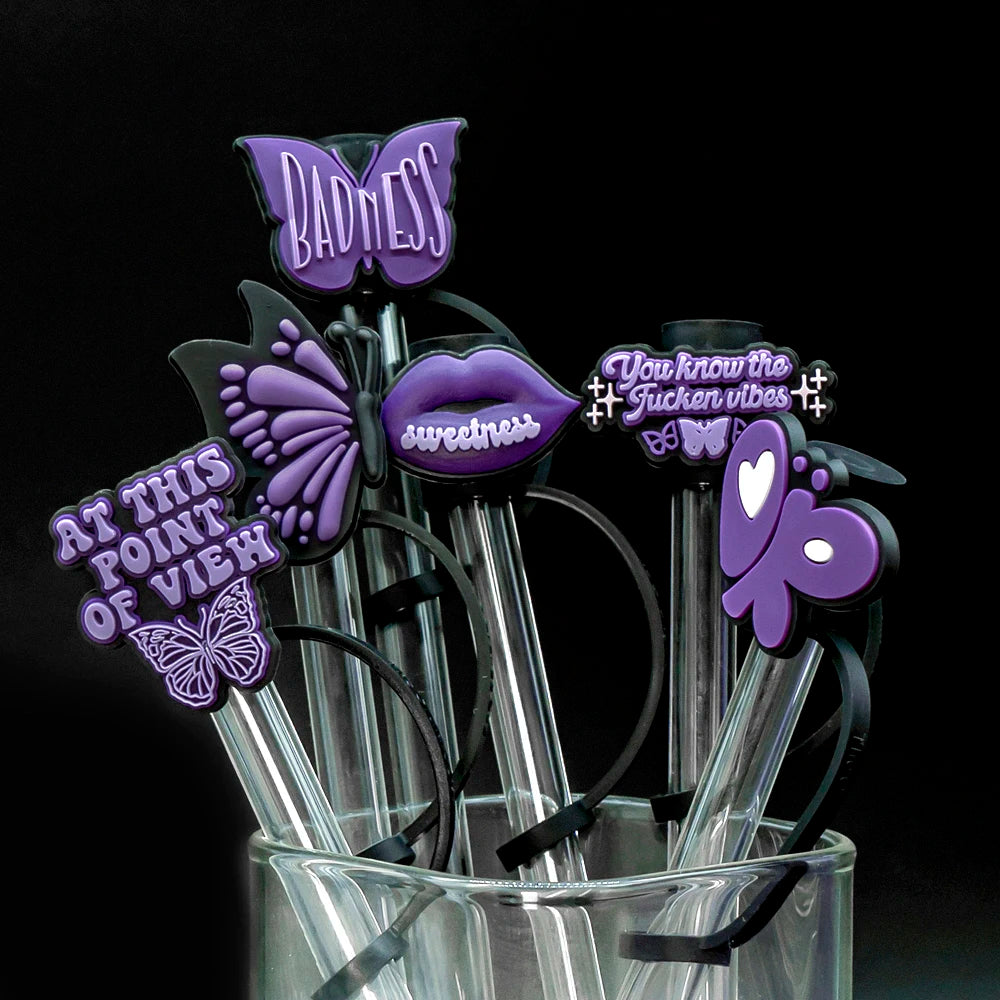 Purple Butterfly Silicone Straw Covers Cap- 6 Pieces